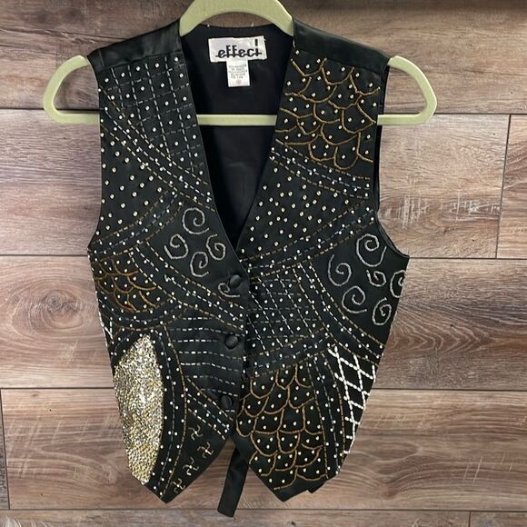 effeci Ladies Beaded Vintage 80’s Vest, Black 2ith Beads and Studs, Size 8 - Picture 1 of 5